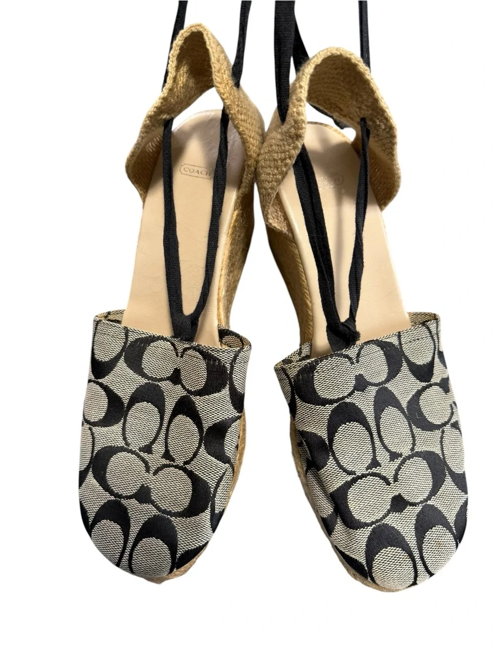 Coach Black Signature Jacquard Espadrille Wedge Sandals Lace-Up Ankle Tie size 9